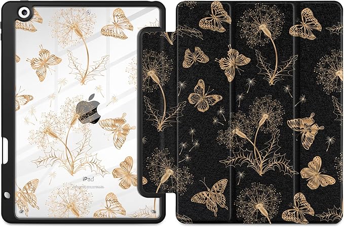 MEEgoodo Case for iPad 10.2 inchTablet Cases for iPad 9th Generation 2021/8th Gen 2020/7th Gen 2019 with Clear Acrylic Back Shell+Pencil Holder+Auto Wake/Sleep+Trifold StandButterflies &amp Dandeli