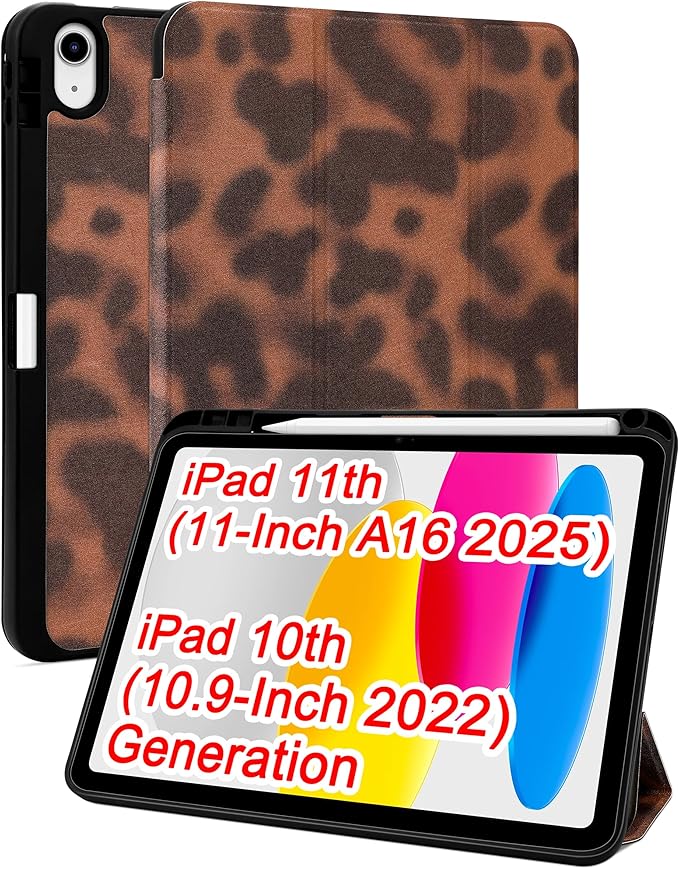 Compatible with iPad 11th (11-Inch A16 2025) iPad 10th (10.9-Inch 2022) Generation Case with Pencil Holder Tortoise Shell Aesthetic Design Soft TPU Trifold Stand Protective