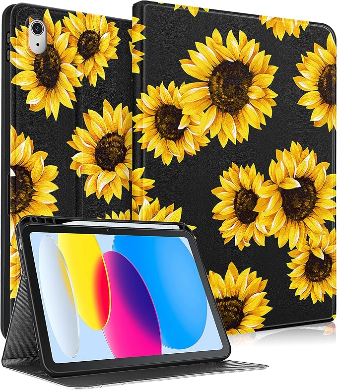 for iPad 10th Generation Case 10.9 Inch for iPad 11th(A16) 2025 Girls Cute Women Folio Cover Pencil Holder Sunflower Aesthetic Design Girly Kawaii Teens Unique Tablet Cases for Apple 10/11