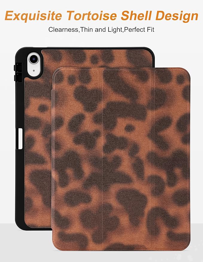Compatible with iPad 11th (11-Inch A16 2025) iPad 10th (10.9-Inch 2022) Generation Case with Pencil Holder Tortoise Shell Aesthetic Design Soft TPU Trifold Stand Protective